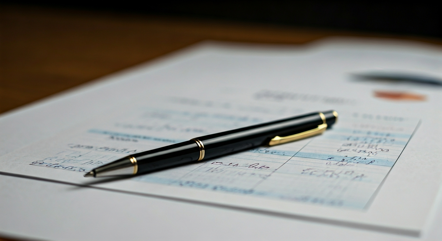 Close view of handwritten trading notes, a pen, and a printed chart on a desk, illustrating careful study and a structured learning process.