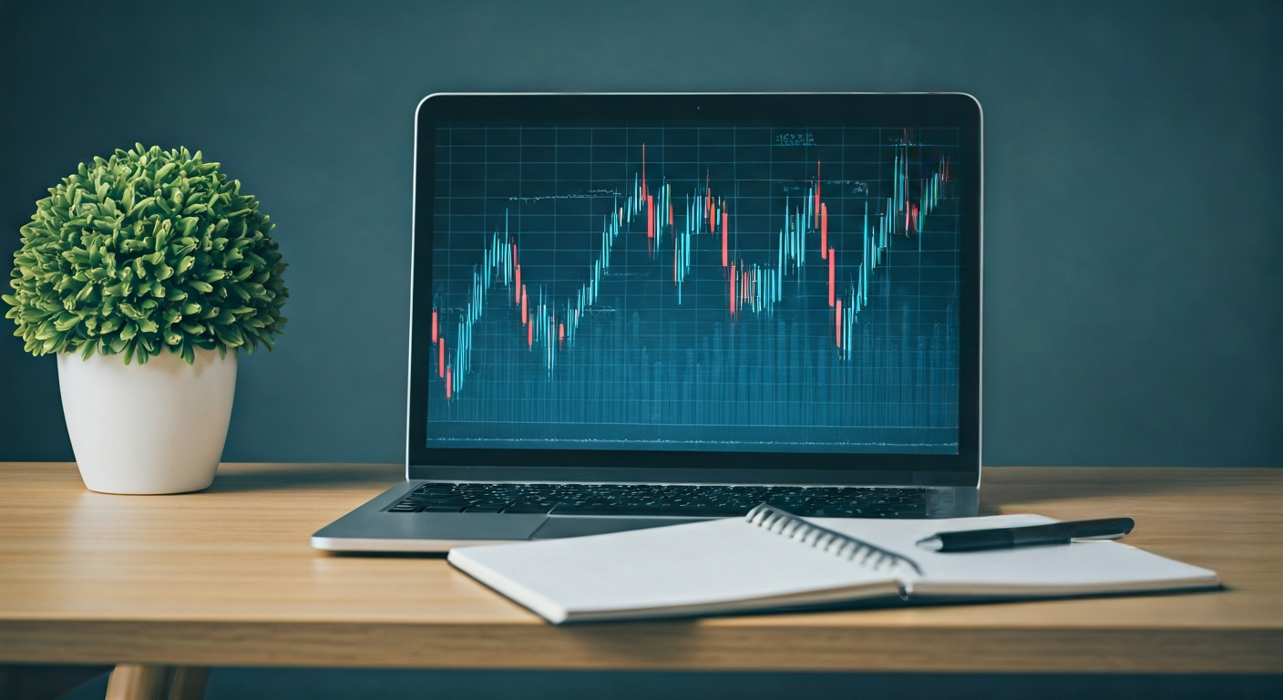 Modern workspace with a laptop showing stylized market charts, a notebook with notes, and a calm neutral desk environment representing focused learning in trading.