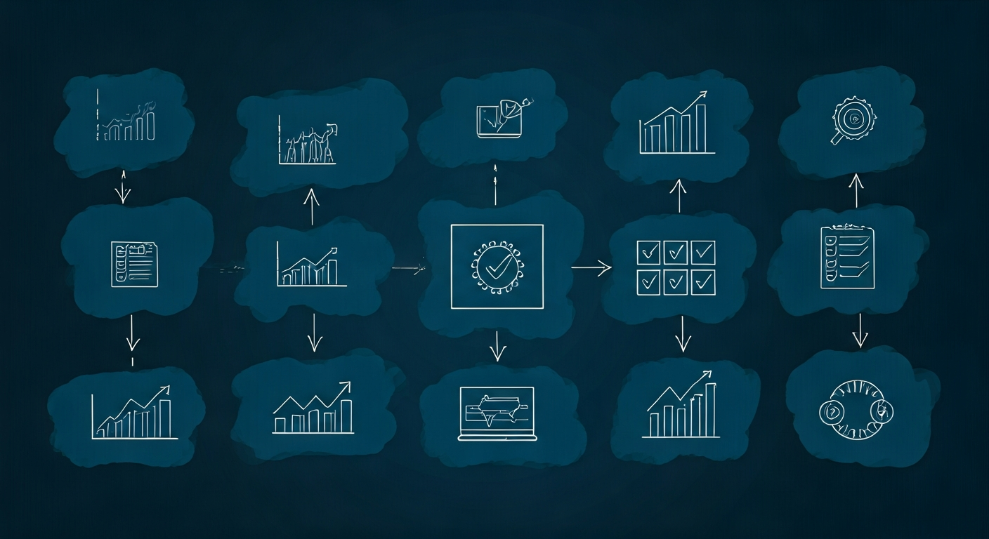 Visual board with structured learning path, arrows connecting modules, and minimal icons of charts and checklists illustrating a step-by-step trading curriculum.