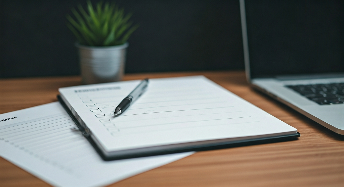 Desk with printed checklists, a trading journal page, and a pen next to a laptop, emphasizing practical resources and organized study materials.