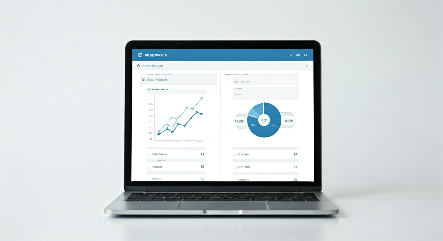 Laptop screen displaying a clean dashboard with progress steps, checklist items, and a simple chart, representing a structured learning follow-up.