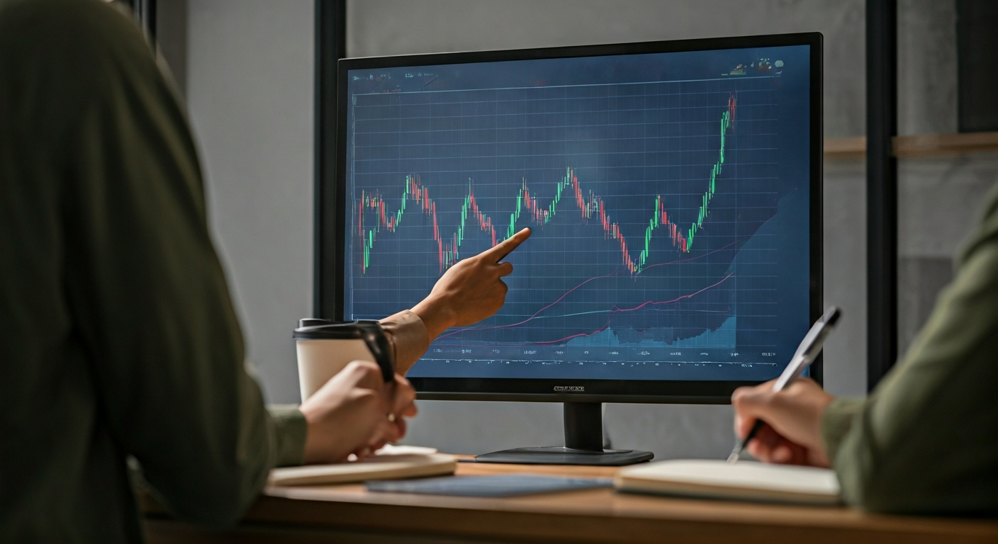 Small workshop setting with a trainer pointing to a market chart on a screen while participants take notes, illustrating a focused educational session.